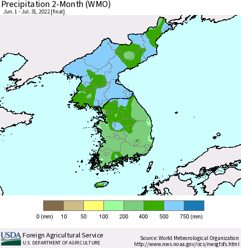 Korea Precipitation 2-Month (WMO) Thematic Map For 6/1/2022 - 7/31/2022