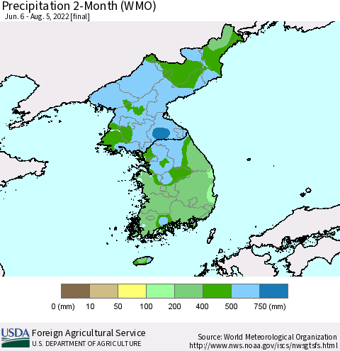 Korea Precipitation 2-Month (WMO) Thematic Map For 6/6/2022 - 8/5/2022