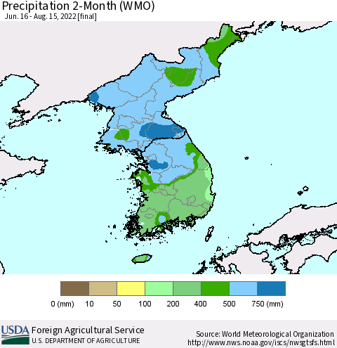 Korea Precipitation 2-Month (WMO) Thematic Map For 6/16/2022 - 8/15/2022