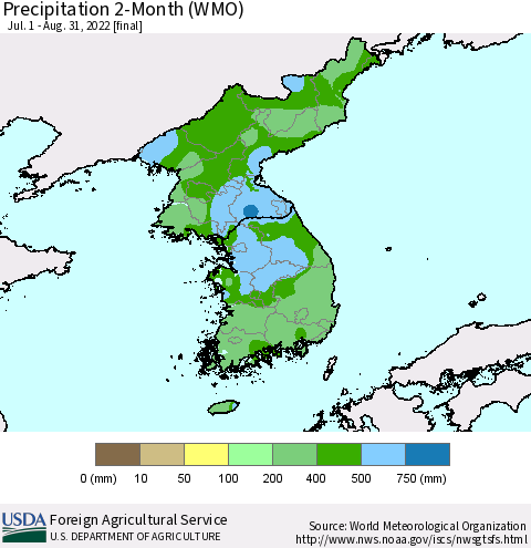 Korea Precipitation 2-Month (WMO) Thematic Map For 7/1/2022 - 8/31/2022