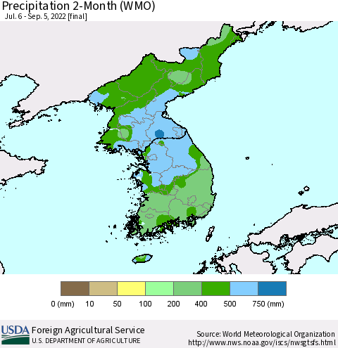 Korea Precipitation 2-Month (WMO) Thematic Map For 7/6/2022 - 9/5/2022