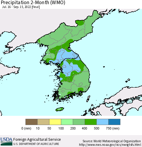 Korea Precipitation 2-Month (WMO) Thematic Map For 7/16/2022 - 9/15/2022