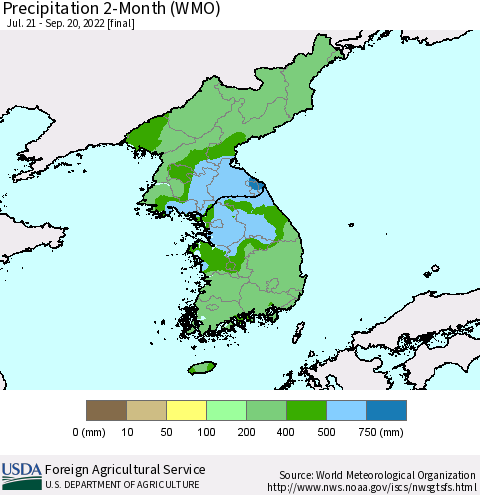 Korea Precipitation 2-Month (WMO) Thematic Map For 7/21/2022 - 9/20/2022