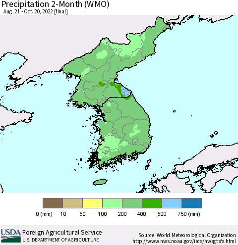 Korea Precipitation 2-Month (WMO) Thematic Map For 8/21/2022 - 10/20/2022