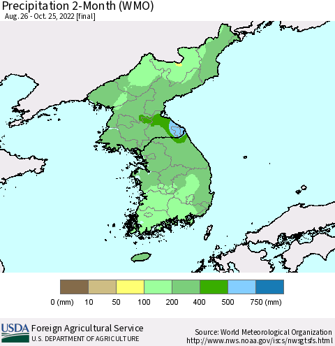 Korea Precipitation 2-Month (WMO) Thematic Map For 8/26/2022 - 10/25/2022