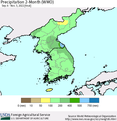 Korea Precipitation 2-Month (WMO) Thematic Map For 9/6/2022 - 11/5/2022