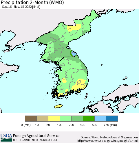 Korea Precipitation 2-Month (WMO) Thematic Map For 9/16/2022 - 11/15/2022