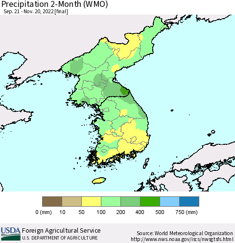Korea Precipitation 2-Month (WMO) Thematic Map For 9/21/2022 - 11/20/2022