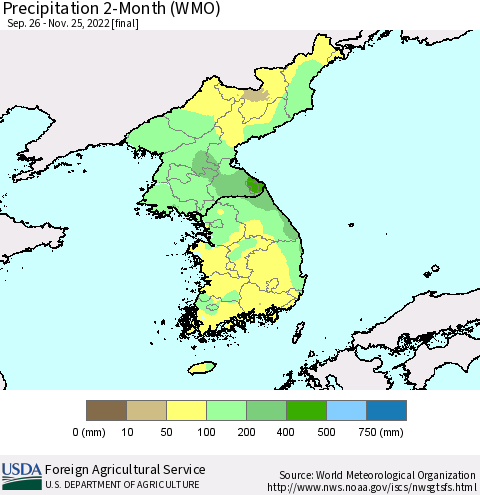 Korea Precipitation 2-Month (WMO) Thematic Map For 9/26/2022 - 11/25/2022