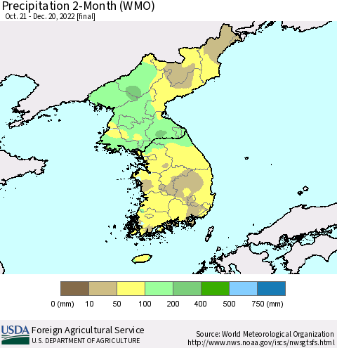 Korea Precipitation 2-Month (WMO) Thematic Map For 10/21/2022 - 12/20/2022
