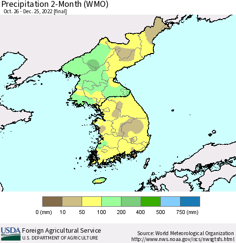 Korea Precipitation 2-Month (WMO) Thematic Map For 10/26/2022 - 12/25/2022