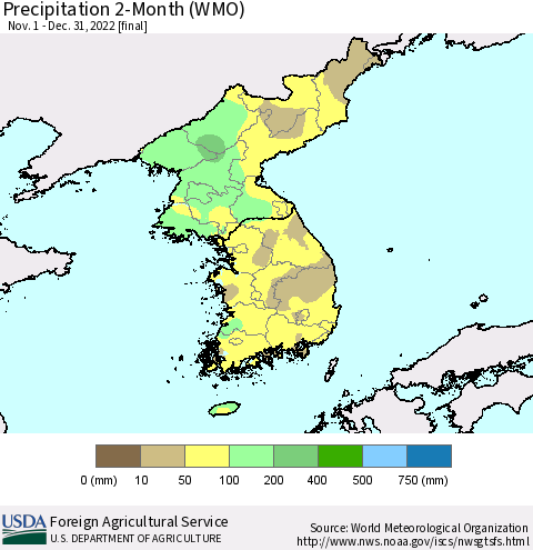 Korea Precipitation 2-Month (WMO) Thematic Map For 11/1/2022 - 12/31/2022