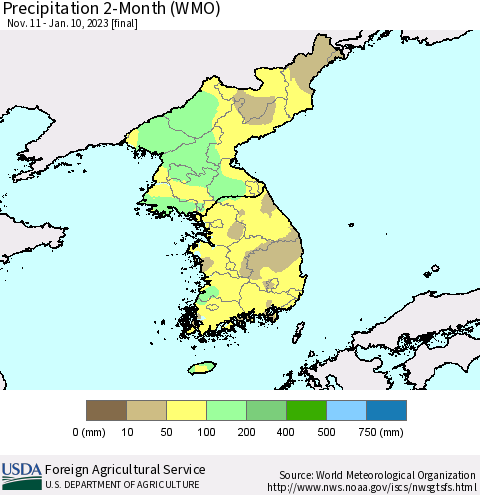 Korea Precipitation 2-Month (WMO) Thematic Map For 11/11/2022 - 1/10/2023