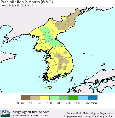 Korea Precipitation 2-Month (WMO) Thematic Map For 11/16/2022 - 1/15/2023