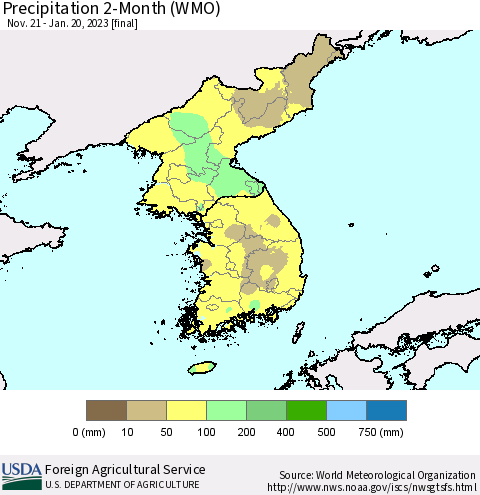 Korea Precipitation 2-Month (WMO) Thematic Map For 11/21/2022 - 1/20/2023