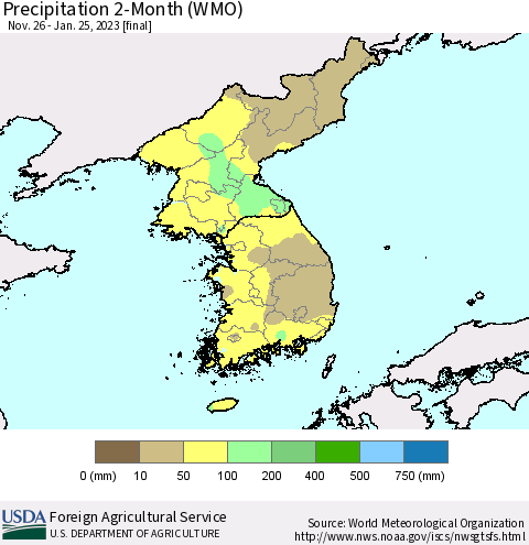 Korea Precipitation 2-Month (WMO) Thematic Map For 11/26/2022 - 1/25/2023