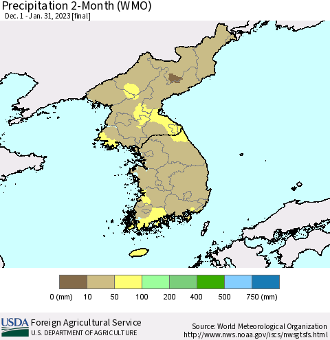 Korea Precipitation 2-Month (WMO) Thematic Map For 12/1/2022 - 1/31/2023