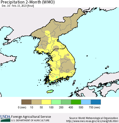 Korea Precipitation 2-Month (WMO) Thematic Map For 12/16/2022 - 2/15/2023