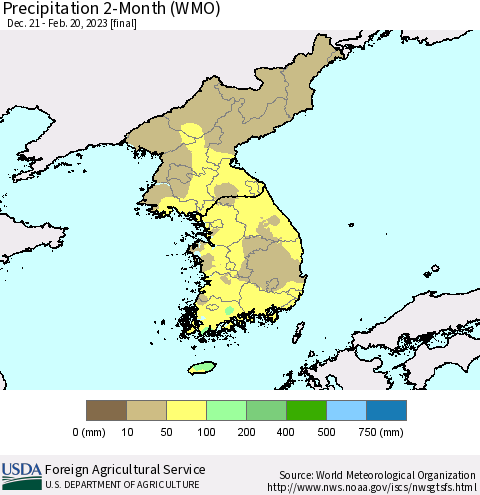 Korea Precipitation 2-Month (WMO) Thematic Map For 12/21/2022 - 2/20/2023