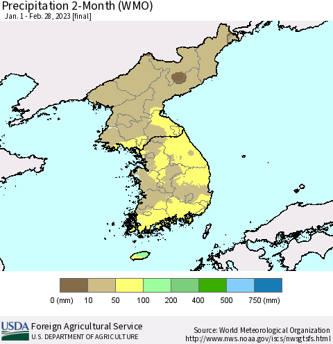 Korea Precipitation 2-Month (WMO) Thematic Map For 1/1/2023 - 2/28/2023