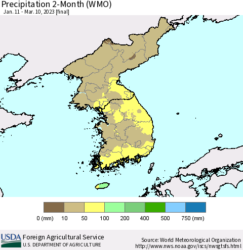 Korea Precipitation 2-Month (WMO) Thematic Map For 1/11/2023 - 3/10/2023