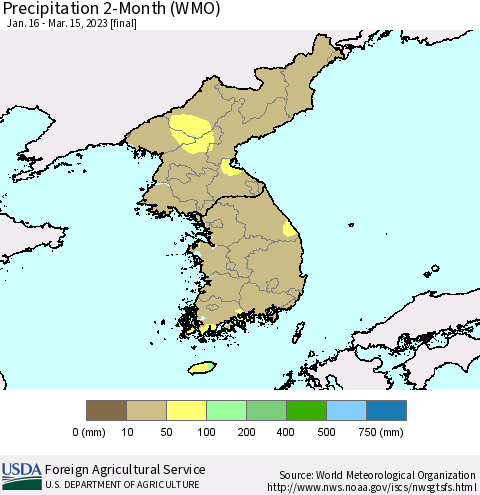 Korea Precipitation 2-Month (WMO) Thematic Map For 1/16/2023 - 3/15/2023