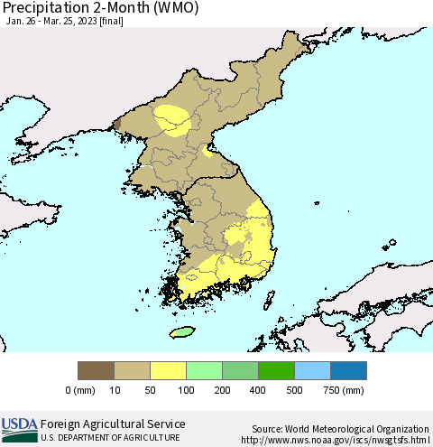 Korea Precipitation 2-Month (WMO) Thematic Map For 1/26/2023 - 3/25/2023
