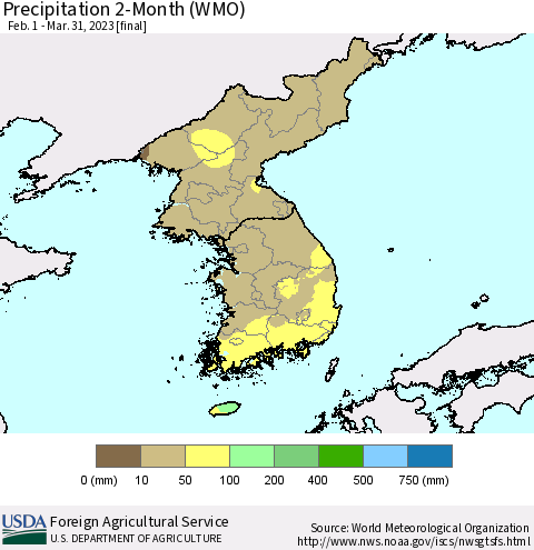 Korea Precipitation 2-Month (WMO) Thematic Map For 2/1/2023 - 3/31/2023