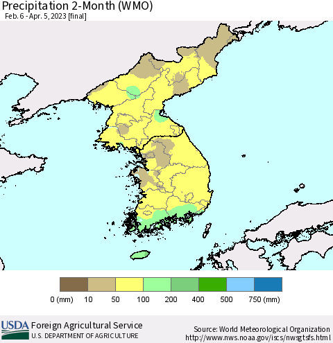 Korea Precipitation 2-Month (WMO) Thematic Map For 2/6/2023 - 4/5/2023