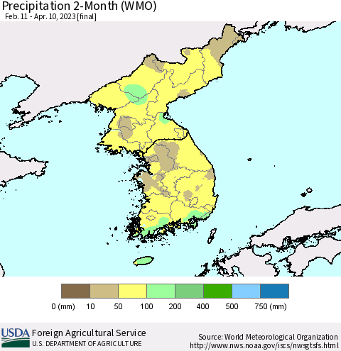Korea Precipitation 2-Month (WMO) Thematic Map For 2/11/2023 - 4/10/2023