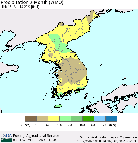 Korea Precipitation 2-Month (WMO) Thematic Map For 2/16/2023 - 4/15/2023