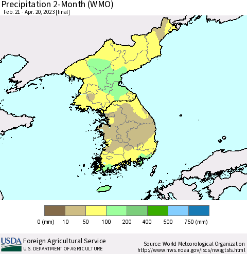 Korea Precipitation 2-Month (WMO) Thematic Map For 2/21/2023 - 4/20/2023