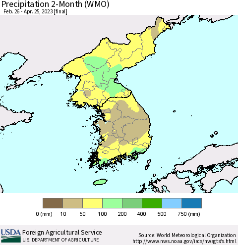 Korea Precipitation 2-Month (WMO) Thematic Map For 2/26/2023 - 4/25/2023