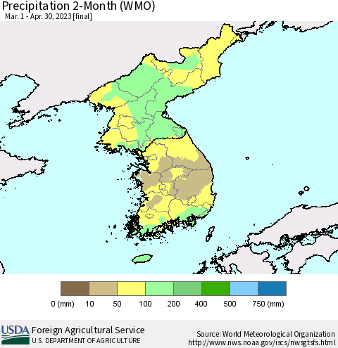 Korea Precipitation 2-Month (WMO) Thematic Map For 3/1/2023 - 4/30/2023