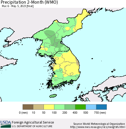 Korea Precipitation 2-Month (WMO) Thematic Map For 3/6/2023 - 5/5/2023