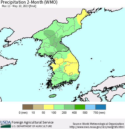 Korea Precipitation 2-Month (WMO) Thematic Map For 3/11/2023 - 5/10/2023
