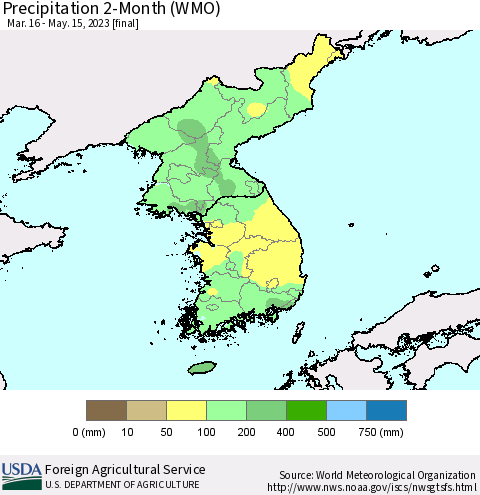 Korea Precipitation 2-Month (WMO) Thematic Map For 3/16/2023 - 5/15/2023