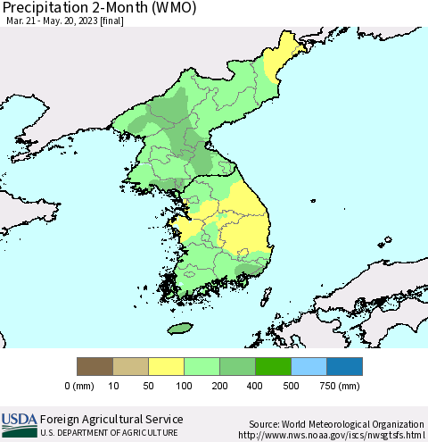 Korea Precipitation 2-Month (WMO) Thematic Map For 3/21/2023 - 5/20/2023