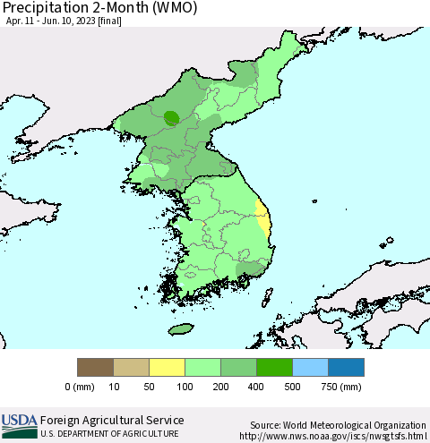 Korea Precipitation 2-Month (WMO) Thematic Map For 4/11/2023 - 6/10/2023