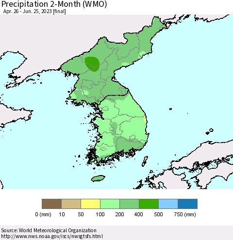 Korea Precipitation 2-Month (WMO) Thematic Map For 4/26/2023 - 6/25/2023