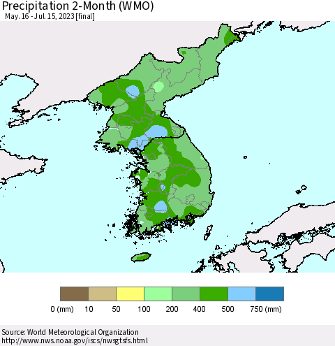 Korea Precipitation 2-Month (WMO) Thematic Map For 5/16/2023 - 7/15/2023
