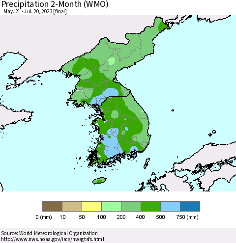 Korea Precipitation 2-Month (WMO) Thematic Map For 5/21/2023 - 7/20/2023