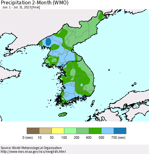 Korea Precipitation 2-Month (WMO) Thematic Map For 6/1/2023 - 7/31/2023
