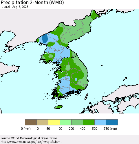 Korea Precipitation 2-Month (WMO) Thematic Map For 6/6/2023 - 8/5/2023