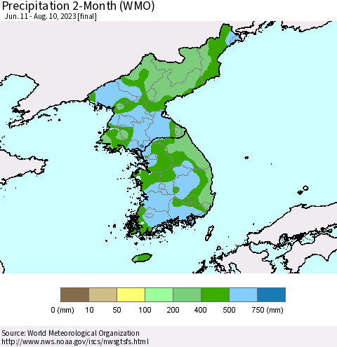Korea Precipitation 2-Month (WMO) Thematic Map For 6/11/2023 - 8/10/2023