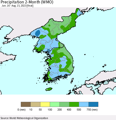 Korea Precipitation 2-Month (WMO) Thematic Map For 6/16/2023 - 8/15/2023