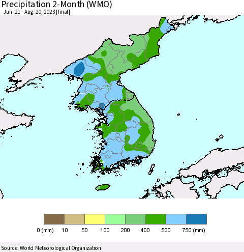 Korea Precipitation 2-Month (WMO) Thematic Map For 6/21/2023 - 8/20/2023