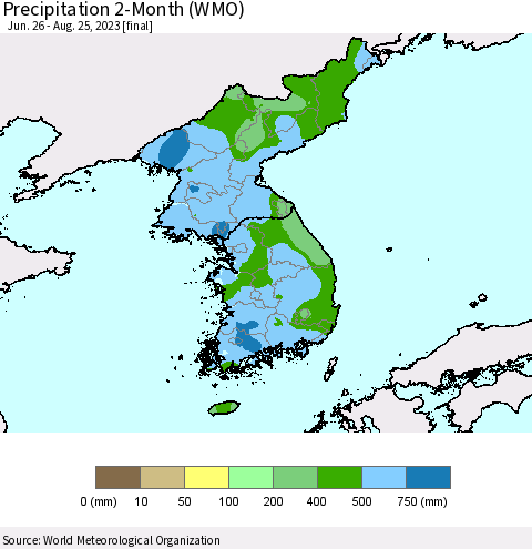 Korea Precipitation 2-Month (WMO) Thematic Map For 6/26/2023 - 8/25/2023