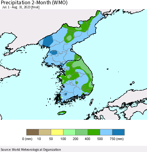 Korea Precipitation 2-Month (WMO) Thematic Map For 7/1/2023 - 8/31/2023
