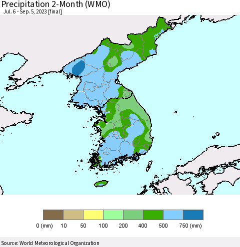 Korea Precipitation 2-Month (WMO) Thematic Map For 7/6/2023 - 9/5/2023